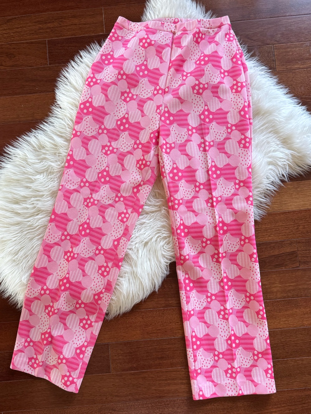 VINTAGE Union Made bubble gum pink circle/polka dot pattern pants / trousers